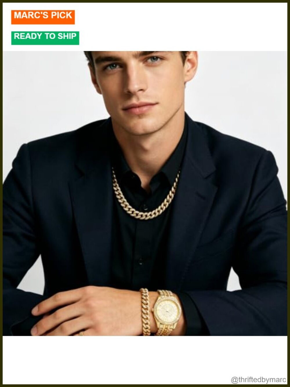 Men's 4pc Cuban Link Jewelry Set with Diamond Watch & Bracelets Stainless Steel - Picture 5 of 6